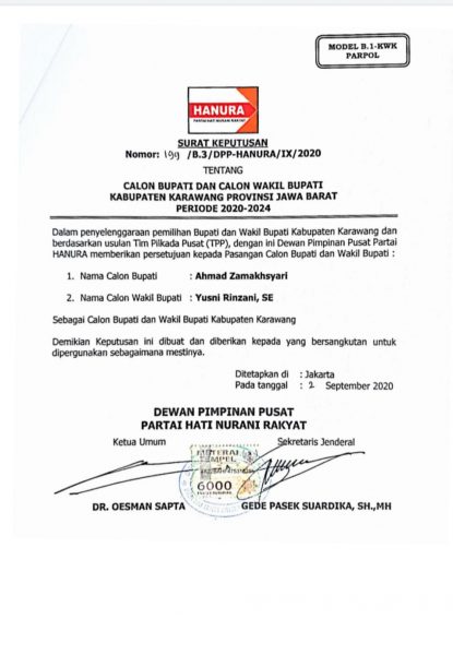 Partai Hanura Akhirnya Mendukung Pasangan Jimmy-Yusni di Pilkada Karawang spiritnews.co.id